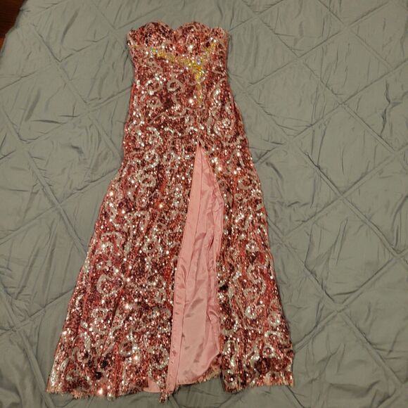 Vintage Precious Formals Strapless Sequin Gown With Slit Womens Size 8 Pink &... - Picture 1 of 10